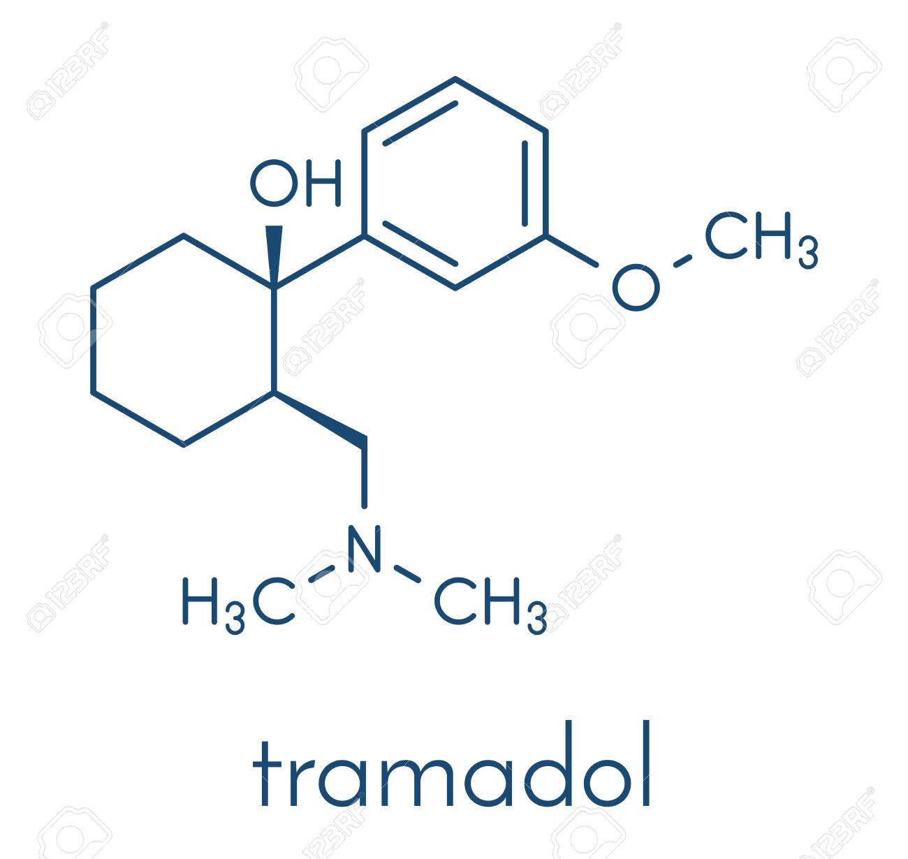 Tramadol opioid analgesic drug molecule. Skeletal formula.